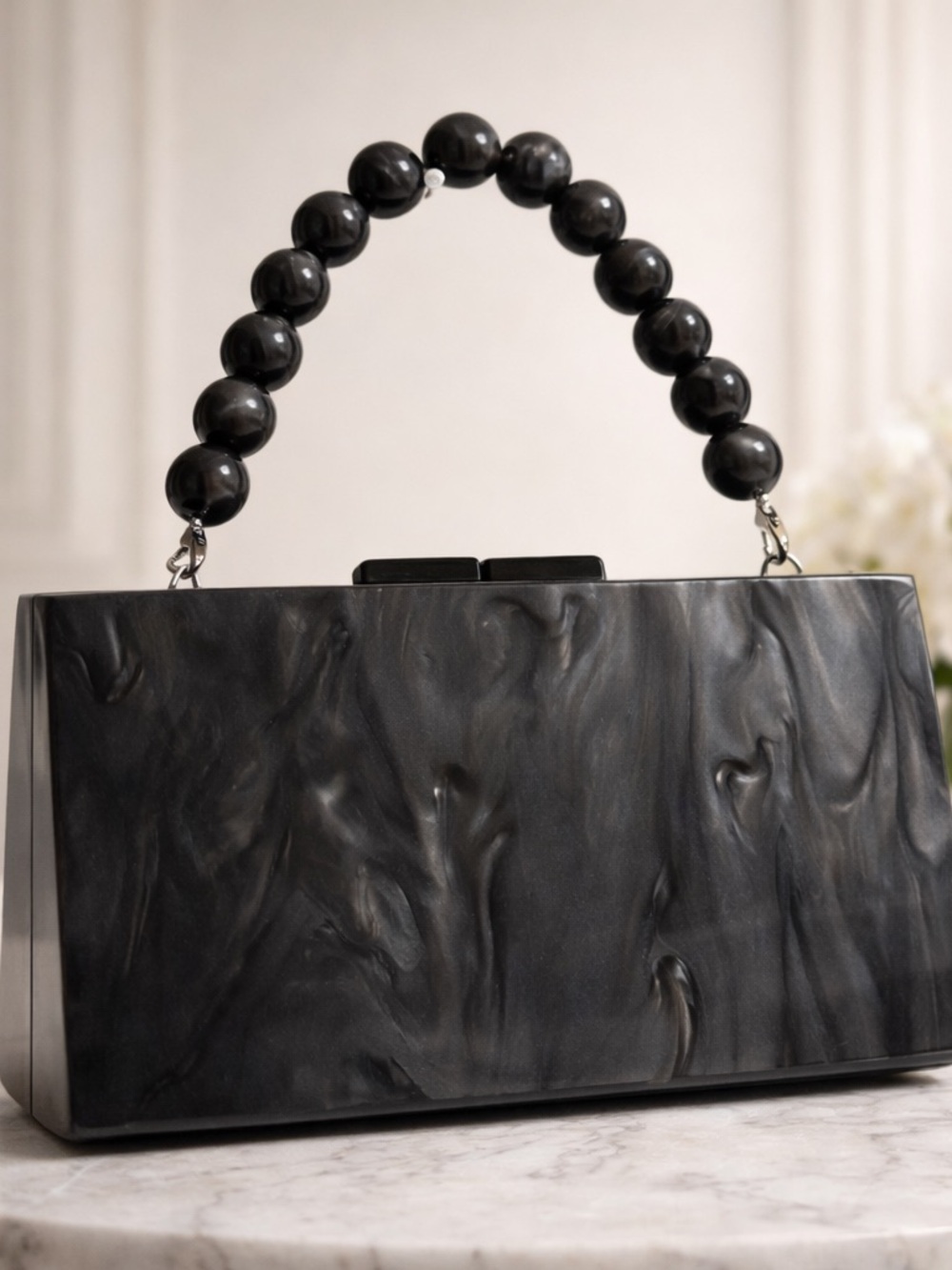 NWOT A New Day Black Marbled Acrylic Box Clutch Beaded Handle Evening Bag